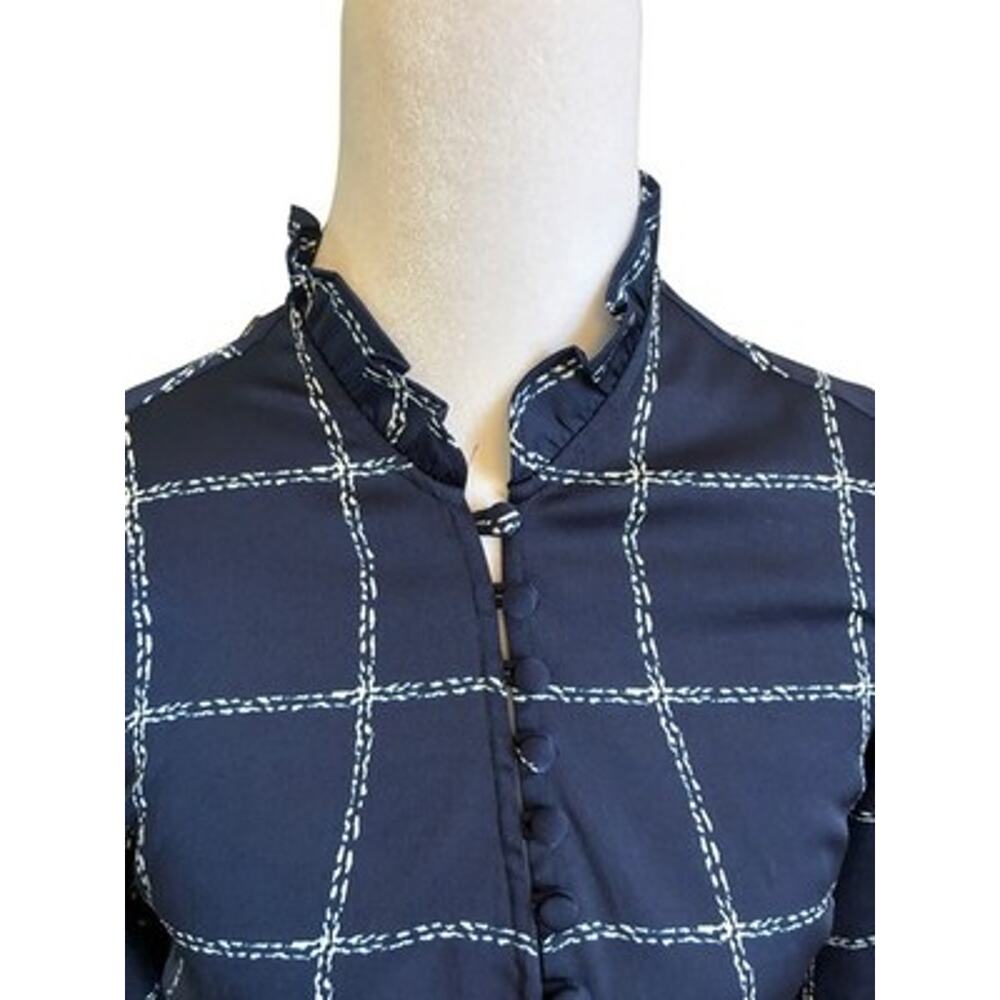 NWT Express Windowpane Button Blouse Victorian Asian Dark Academia Ruffle Neck S - Picture 4 of 16